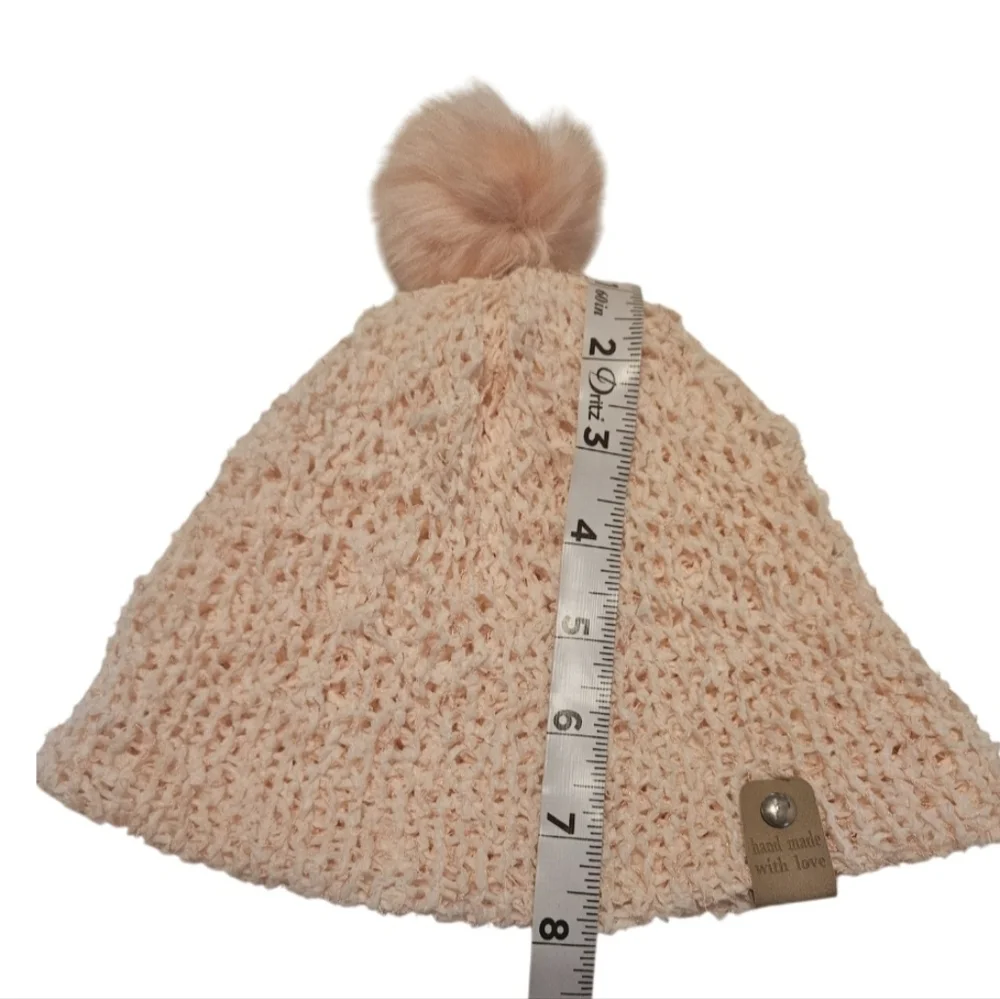 Hand Crafted Crochet pom pom beanie pink Paper Lace 73% Nylon 27% polyester soft
